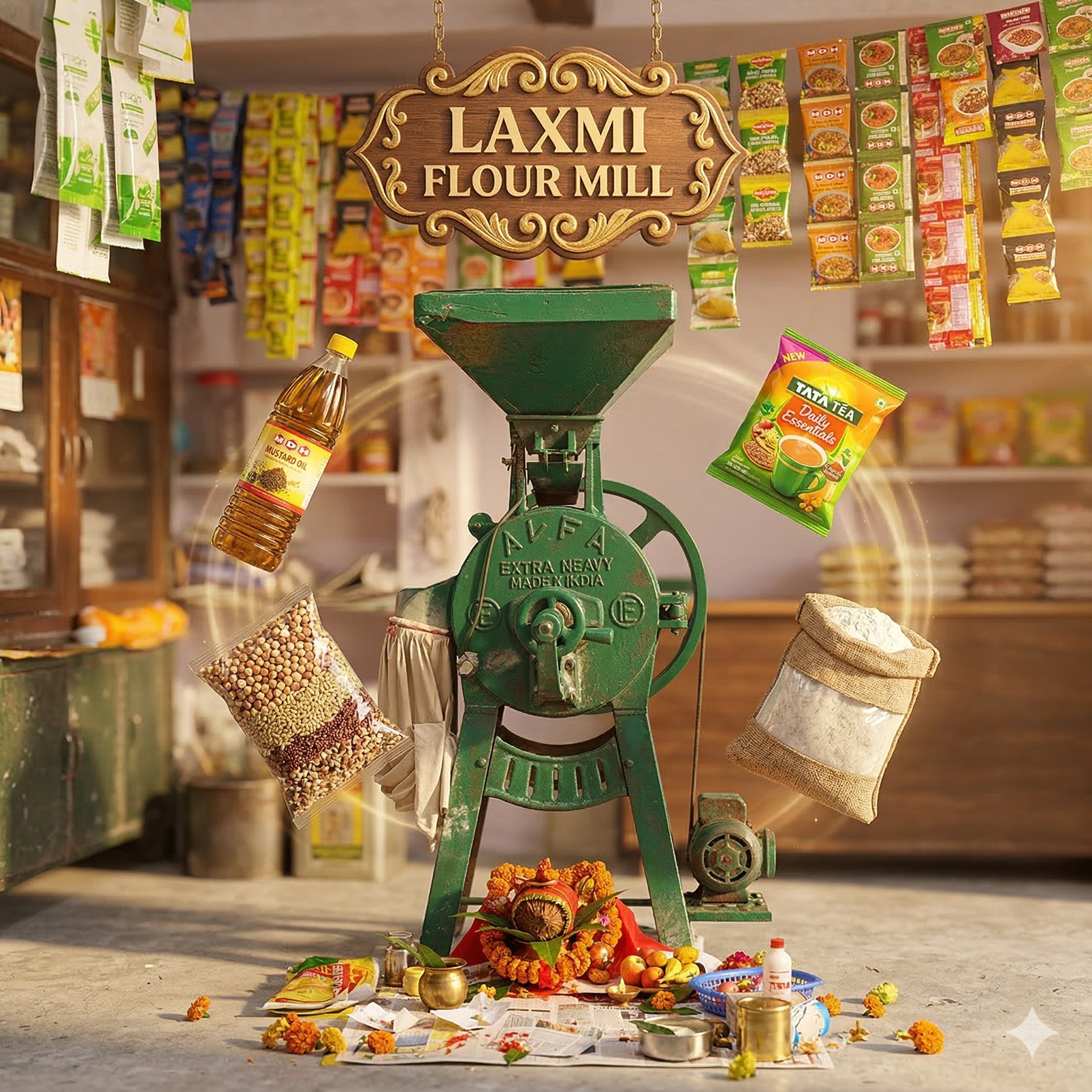 Freshly ground flour and wheat grains